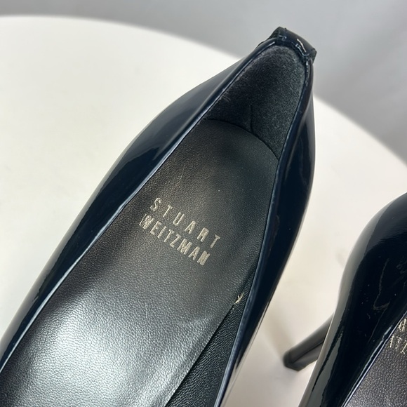 Stuart Weitzman Midnight Blue Patent Leather Peep Toe Stiletto Platform Pumps - Picture 4 of 12